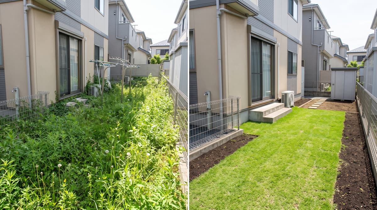 館林・両毛地域の草刈り施工事例（一般ご家庭のお庭 50㎡ 草刈り・集草・処分完了のビフォーアフター写真）