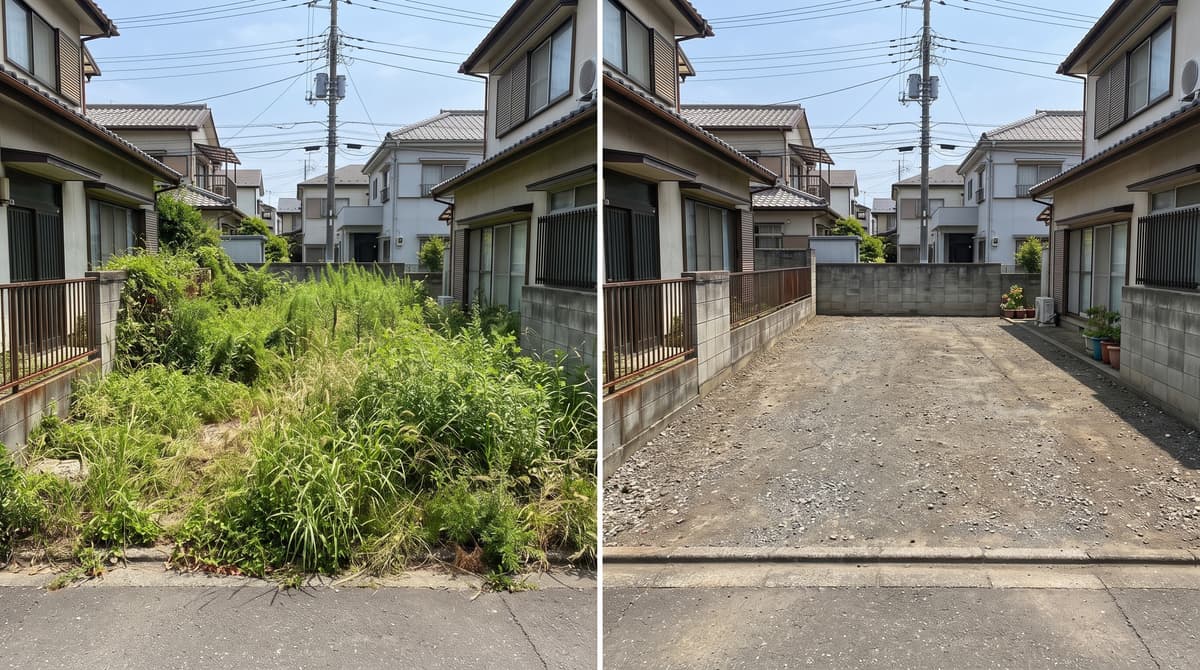 館林・両毛地域の空き地・駐車場草刈り施工事例（150㎡ 自走式刈払機による除草・処分完了のビフォーアフター写真）