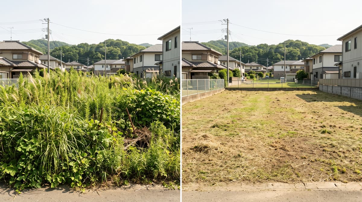 館林・両毛地域の長期放置地・背丈以上の雑草刈り施工事例（300㎡ 大型機械による除草・処分完了のビフォーアフター写真）